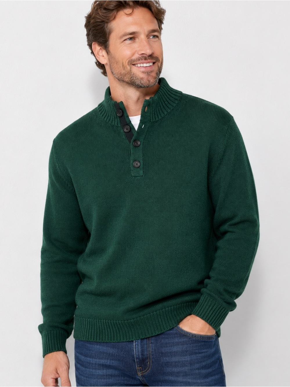 IZOD Mens XL Green Mock Neck Button Pullover Sweater Rib Knit Classic Fit